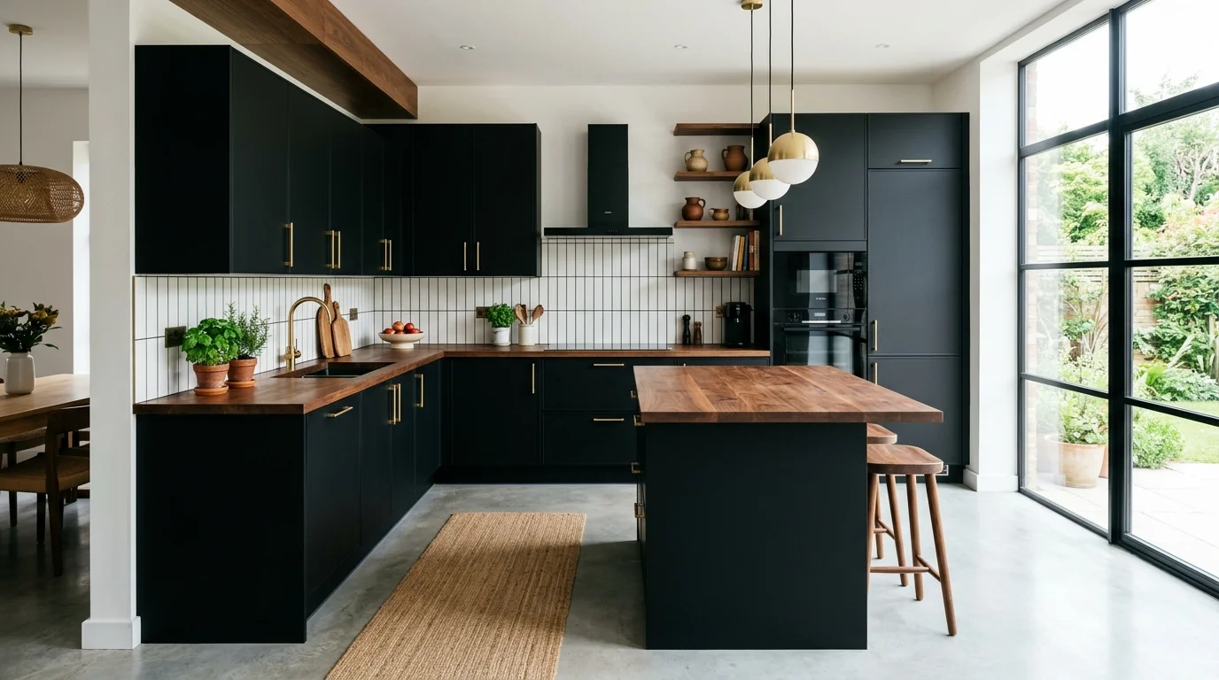 12 Bold Black Kitchen Wood Countertop Designs for Modern Contrast