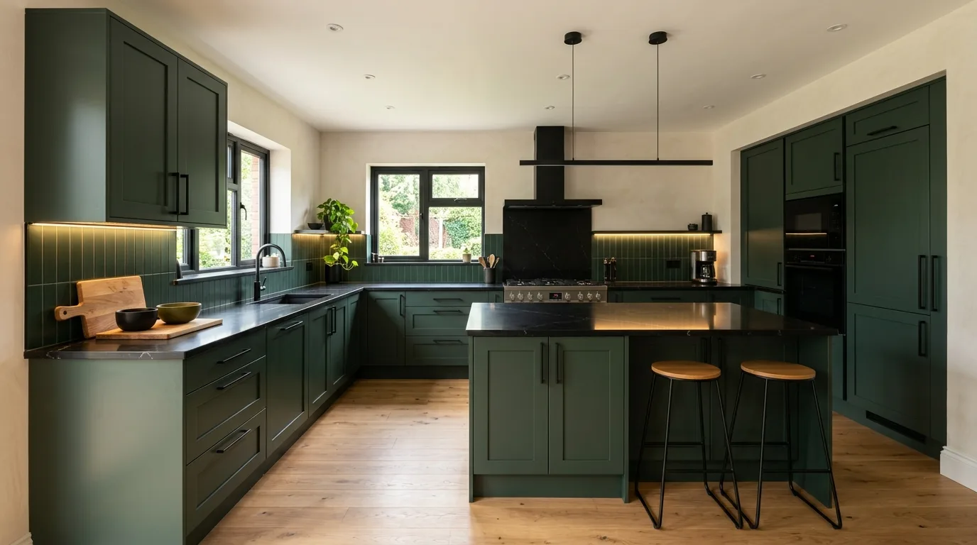 13 Bold Green Kitchen Cabinets with Black Countertops for Dramatic Contrast
