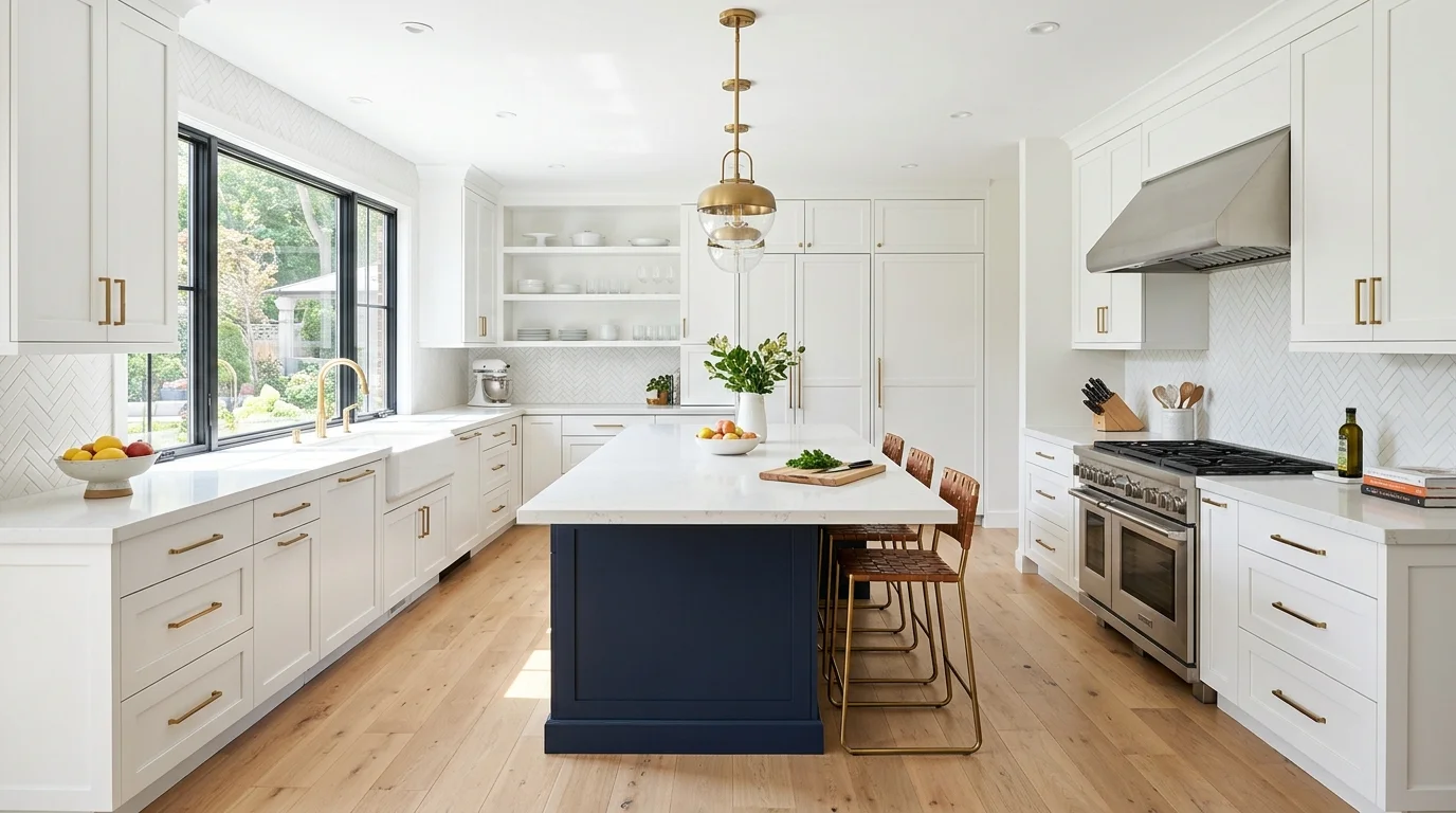14 Bright White Quartz Countertop Kitchen Ideas with Contrasting Island