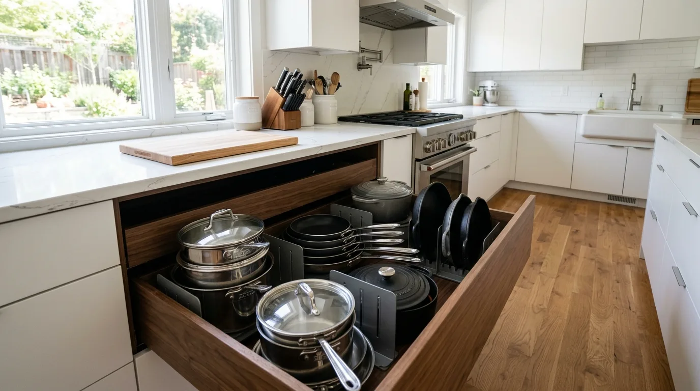11 Organized Deep Kitchen Cabinet Drawers Solutions for Pots and Pans